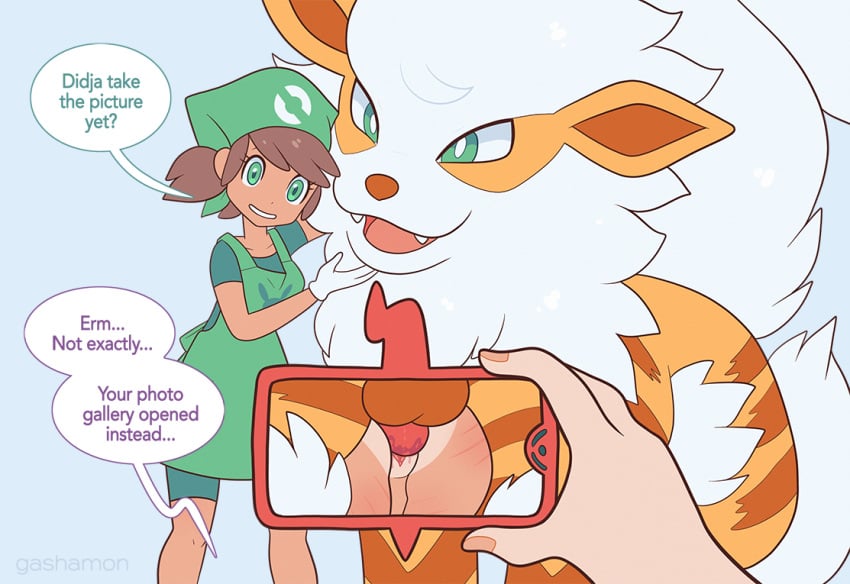 1girls 1pokemon arcanine balls dialogue duo embarrassed female feral gashamon_(artist) genitals human humanoid interspecies juxtaposition knot male male/female mammal nintendo npc_trainer photo_comparison pokémon_trainer poképhilia pokemon pokemon_(species) pokemon_breeder_(pokemon) pokephilia pussy rotom rotom_phone ruined_reputation scratches suntan tan_line video_games zoophilia