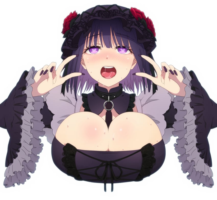 ahe_gao breasts double_v female heart-shaped_pupils highres kitagawa_marin kuroe_shizuku_(cosplay) large_breasts nail_polish open_mouth purple_eyes purple_hair purple_nails simple_background sono_bisque_doll_wa_koi_wo_suru sweat toraya_(doujintraya) v white_background