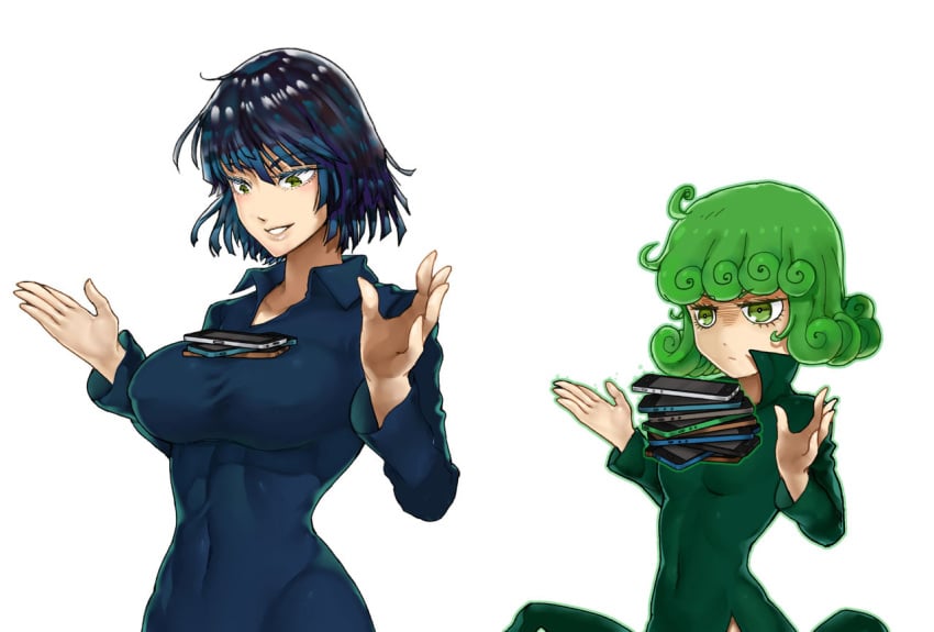 2girls angry annoyed big_breasts breasts comparing comparing_breasts comparison female female_only fubuki_(one-punch_man) green_eyes green_hair huge_breasts irritated large_breasts multiple_girls one-punch_man sisters slim small_breasts smaller_female tagme tatsumaki tawawa_challenge thegoldensmurf thick