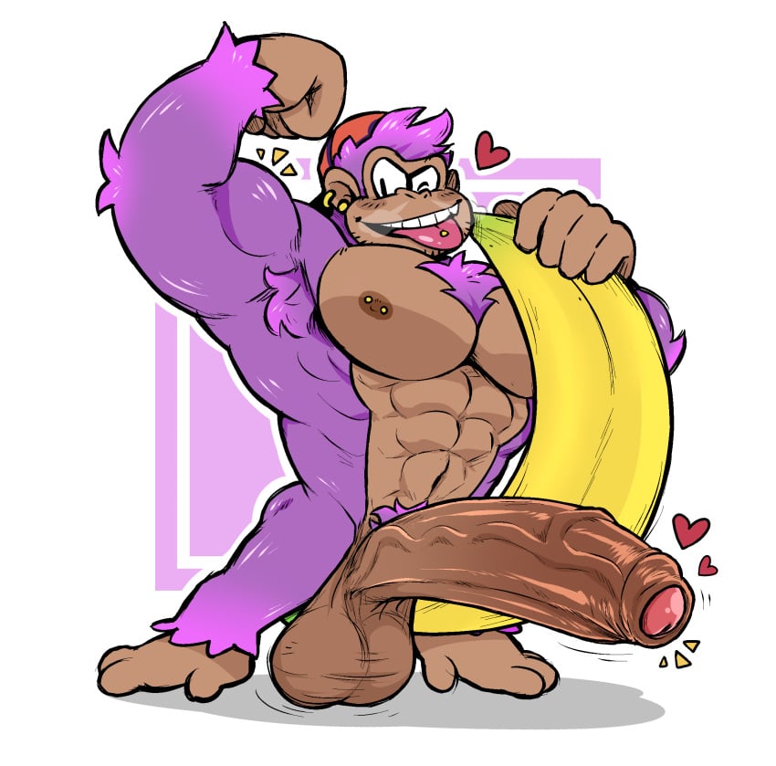 banana big_balls big_penis chest_hair donkey_kong_(series) furry gorilla hair hefty_kong hexdisciple huge_cock mario_(series) muscular nipple_piercing original original_character purple_hair tongue_piercing