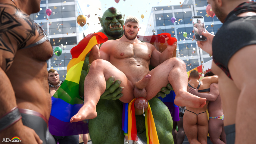 ad-games bodily_fluids cum genital_fluids genitals green_body green_skin group hi_res human humanoid leaking_cum lgbt_pride male male/male male_only mammal nipples orc penis phone phone_screen pride_color_flag pride_colors vein veiny_muscles