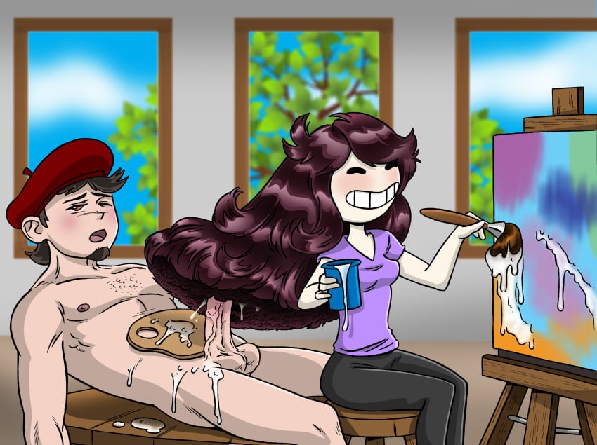 1boy beret big_hair brown_hair closed_eyes color cum cum_in_hair cum_on_hair female fetish fully_clothed hair_harpoon hairjob hairjob_heaven human humanoid jaiden jaiden_animations laying_down laying_on_back long_hair nude_male painting shiny_hair smiling tagme youtube youtuber