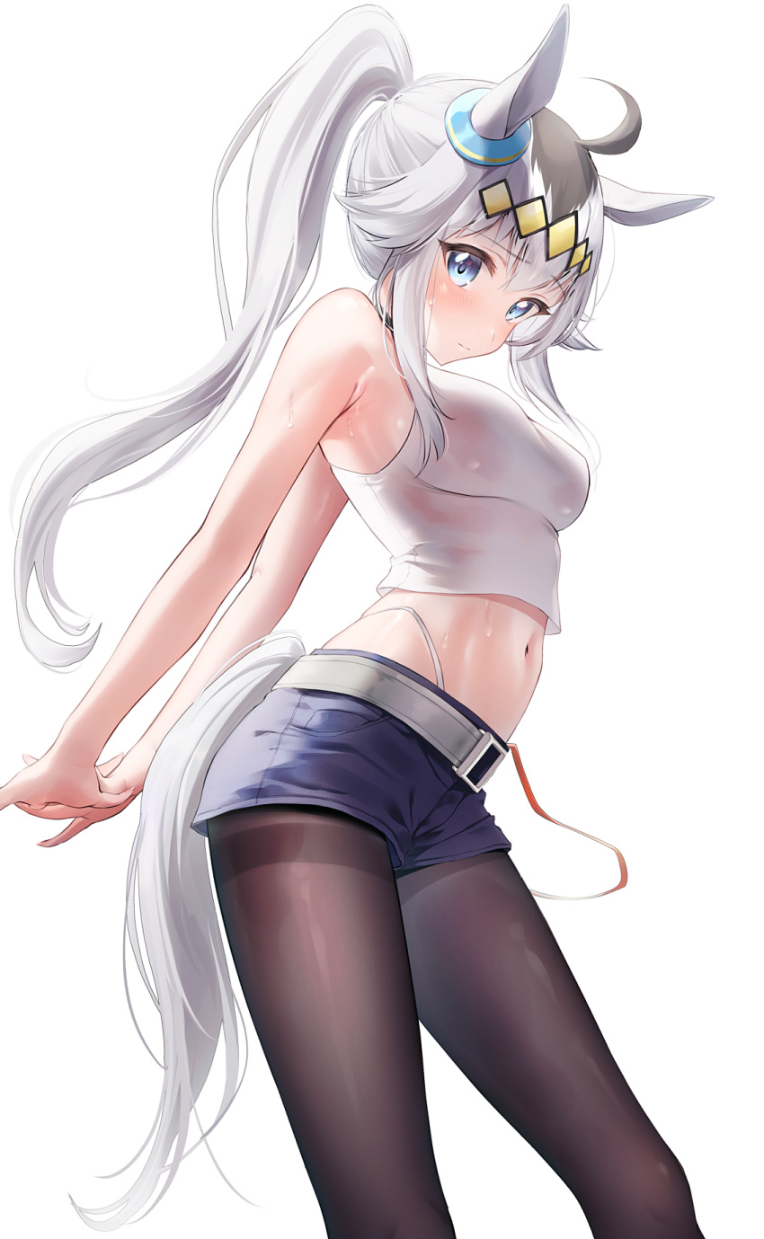 ahoge animal_ears arched_back ayamalimas bangs belly belly_button belt belt_buckle blue_eyes blush braless choker crop_top eyebrows_visible_through_hair female female_only grey_hair hair_ornament hands_behind_back headband horse_ears long_hair long_legs looking_at_viewer mascara midriff no_bra oguri_cap_(umamusume) pantyhose ponytail short_shorts shorts shoulders sidelocks solo solo_female solo_focus sweat sweatdrop tail tiara tights umamusume umamusume:_cinderella_gray white_background white_hair