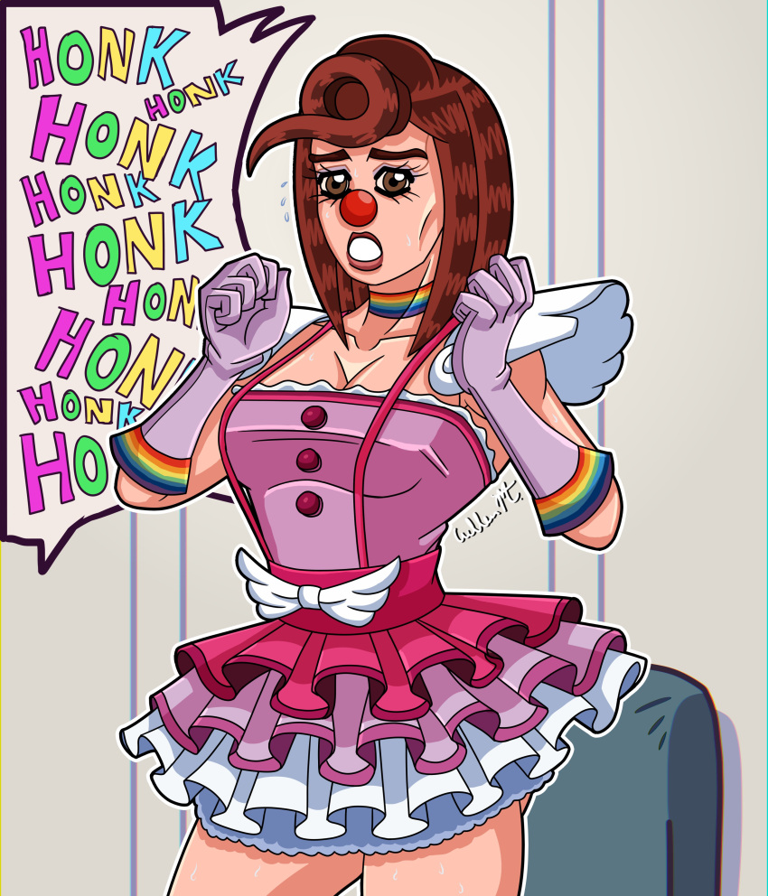 clown clown_girl clown_nose clussy clussy_fever geiru_toneido_(cosplay) hair_swirl higashikata_mitsuba honk jojo's_bizarre_adventure jojolion melloyman rock_nose short_skirt