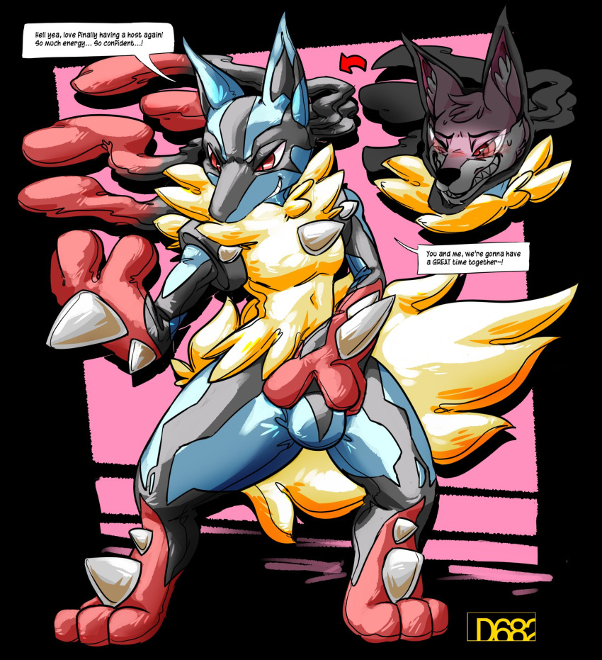 2022 3_fingers abstract_background after_transformation anthro black_body blue_body blush canid canine clothing d682 dialogue digital_media_(artwork) fingers fur hand_on_bulge hi_res living_costume lucario male male_only mammal mega_evolution mega_lucario nintendo null_bulge pink_body pink_fur pokemon pokemon_(species) pose red_body red_eyes rubber rubber_clothing rubber_suit smile smirk speech_bubble spikes spikes_(anatomy) suit_transformation toothy_grin transformation video_games white_body white_fur yellow_body