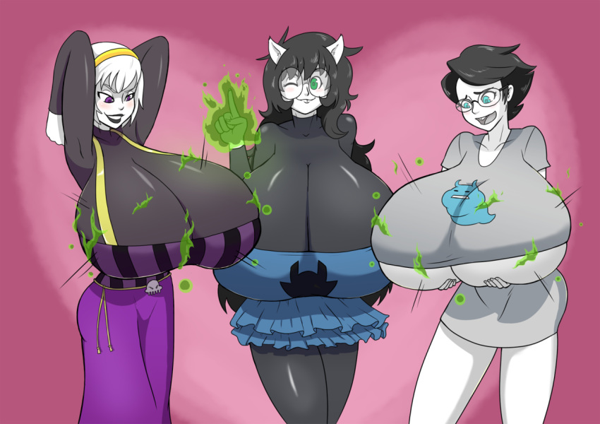 big_lips black_lipstick breast_expansion dress goth hanging_breasts homestuck huge_breasts hyper_breasts jade_harley jane_crocker planetofjunk rose_lalonde shirt underboob