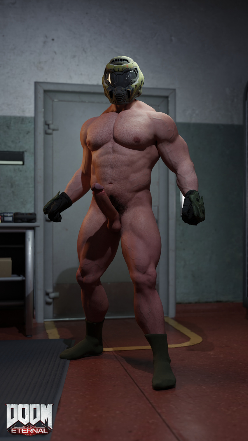 1boy 3d doom doom_slayer_(doom) erection genitals helmet huge_cock mask muscular naked pubic_hair rtyfia socks solo_male