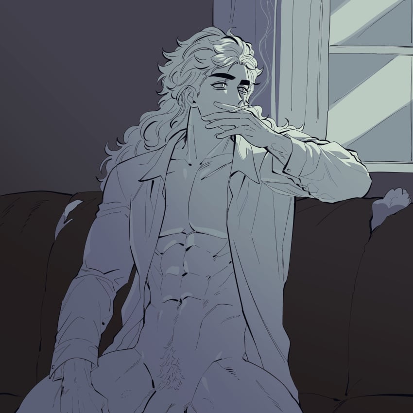 1boy barely_visible_genitalia cigarette jojo's_bizarre_adventure long_hair male male_only meonji muscular_male pecs phantom_blood pubic_hair robert_edward_o_speedwagon smoking solo