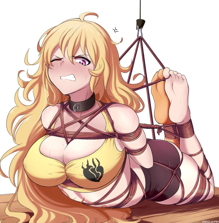 1girls bagelbomb big_breasts blonde_hair blush bondage bound breasts clothing collar curvy feet female long_hair one_eye_closed one_sock purple_eyes rope rope_bondage rwby solo solo_female struggling thick_thighs thighs toes yang_xiao_long yellow_hair