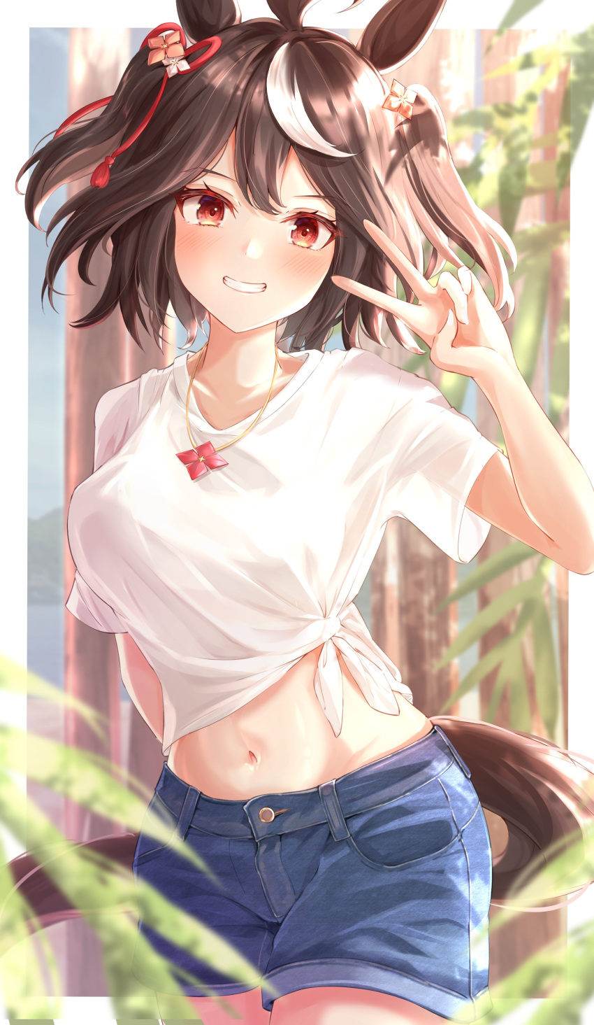 ahoge animal_ears arm_behind_back bangs belly belly_button black_hair blush collarbone crop_top crossed_legs eyebrows_visible_through_hair female female_only hi_res highres horse_ears jean_shorts kitasan_black_(umamusume) large_breasts legs_crossed looking_at_viewer midriff necklace peace_sign red_eyes see-through short_hair short_shorts short_sleeves shorts sidelocks sky_cappuccino smile smiling solo solo_focus tail thighs tied_shirt twintails umamusume