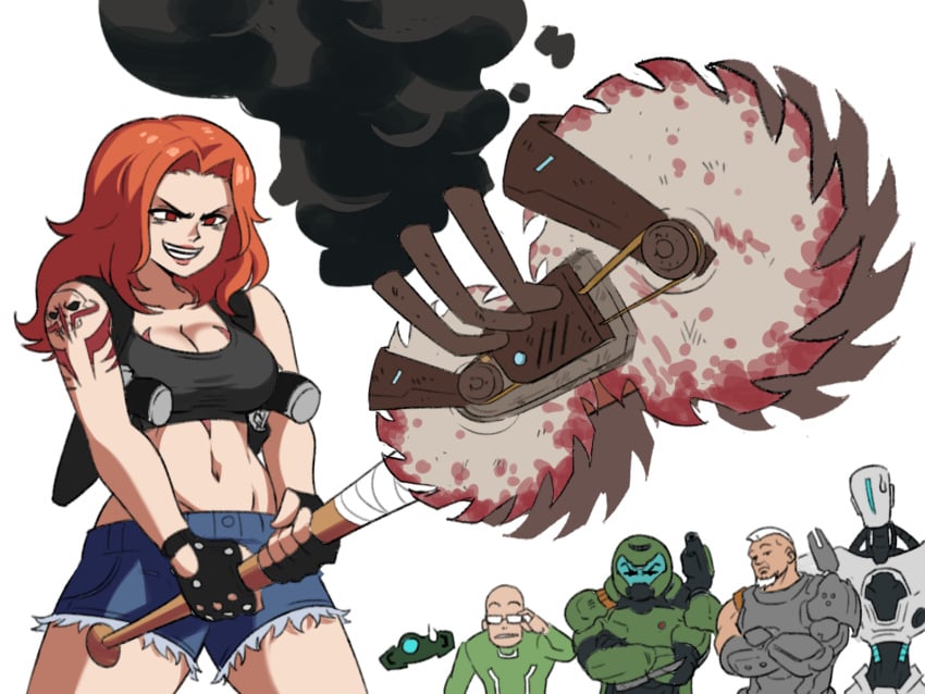 1girls 4boys abs annoyed annoyed_expression annoyed_face armor athletic athletic_female betrayer_(doom) bike_shorts black_sports_bra boots breasts combat_boots commander_valen crash_(quake) crazy crazy_eyes crazy_smile crop_top cyborg day_of_wrath day_of_wrath_(doom_fanfic) desert_eagle doom doom_(series) doom_eternal doom_slayer doom_slayer_(doom) doomguy exposed_midriff fanfiction female firearm fit fit_female funny grin gun gym_shorts half_naked handgun holding holding_object holding_weapon human infinitypilot insane intern_(doom) internguy male medium_breasts midriff midriff_baring_shirt mischievous mischievous_look mischievous_smile multiple_boys muscular muscular_female nervous pale_skin pistol post_apocalyptic praetor_suit quake quake_3 quake_3_arena red_eyes red_hair redhead robot robot_humanoid samuel_hayden_(doom) scar scar_on_chest shorts sinister skimpy skimpy_clothes smile smirk smoke smug smug_expression smug_face smug_grin smug_smile soldier soulbreaker_(day_of_wrath) sports_bra surprised tattoo tattoo_on_arm tattooed_arm tinafate1 valen_(doom) vega_(doom) weapon white_background