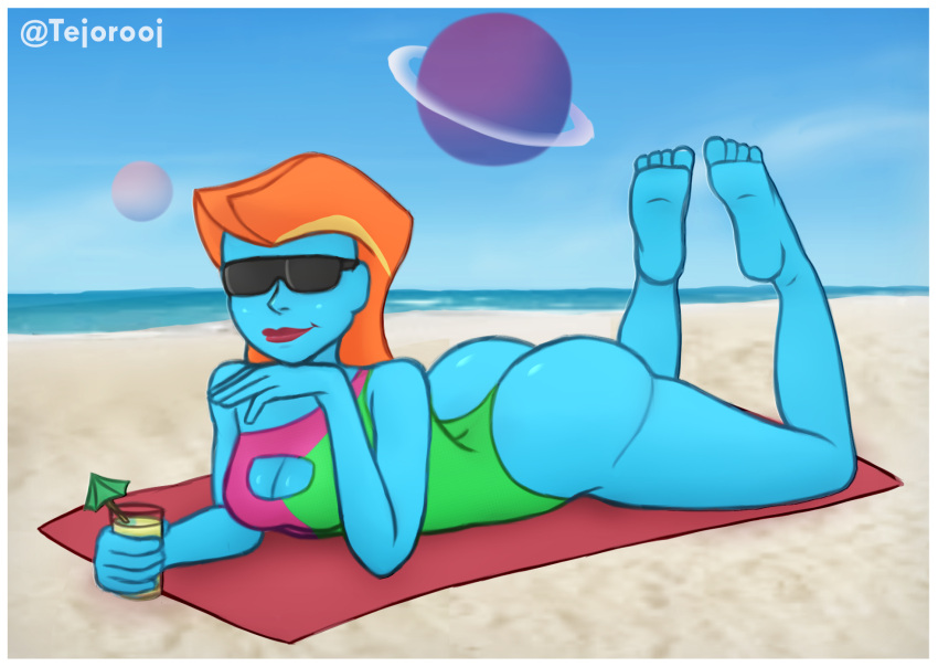 1girls 2d alien alien_girl ass background bathing_suit beach big_ass big_breasts big_butt blue-skinned_female blue_skin boob_window breasts buzz_lightyear_of_star_command cleavage feet feet_up female holding_object mira_nova red_hair sand sky smile solo solo_female sunglasses swimsuit swimwear tejorooj thick_thighs tinted_eyewear