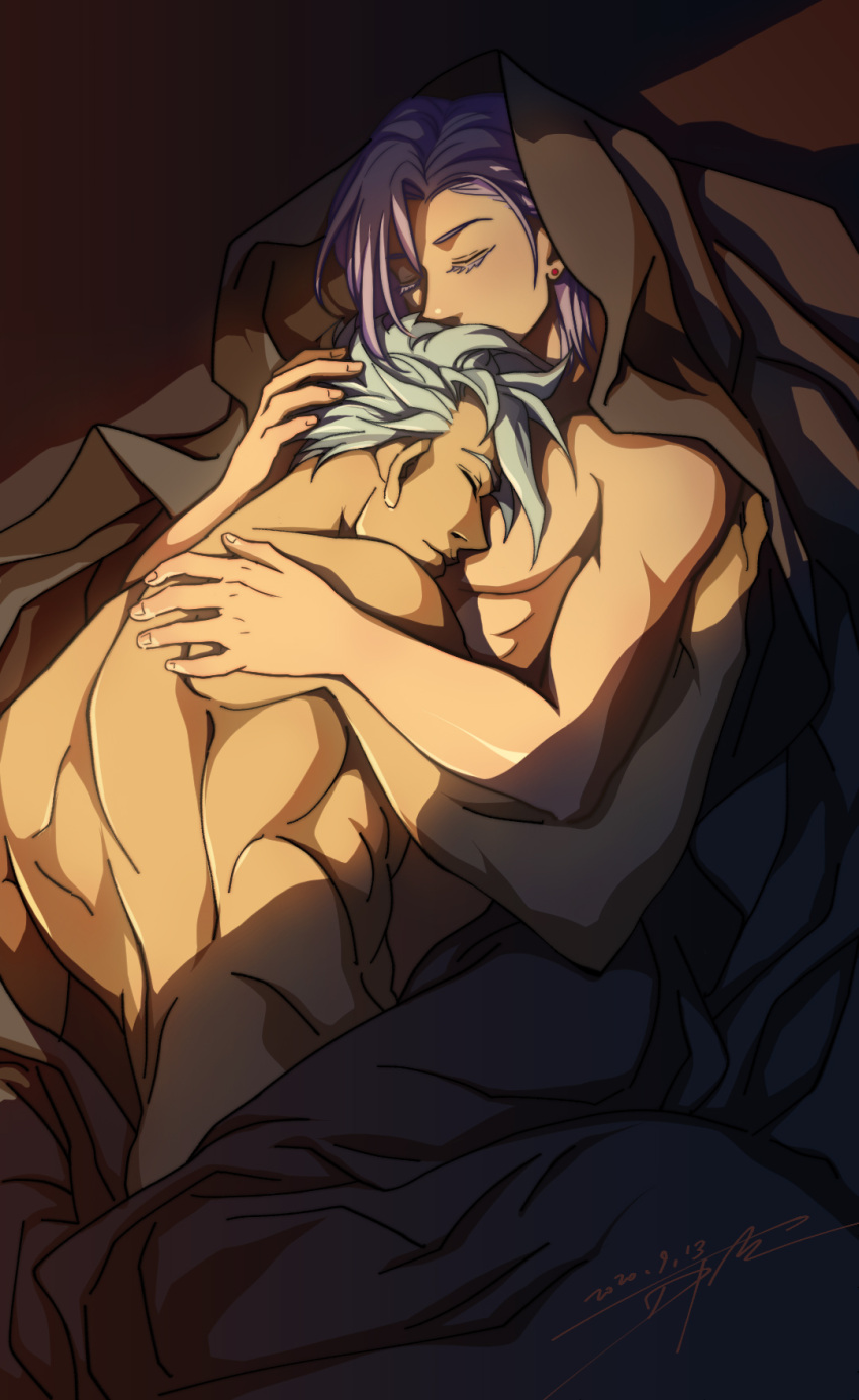 2boys androgynous before_sex hugging jojo's_bizarre_adventure male male/male male_only melone muscular_male nude risotto_nero sleeping vento_aureo