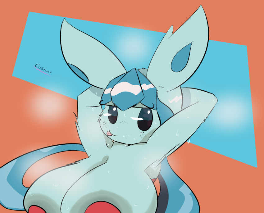 armpits arms_up big_breasts breasts bunnysuit castinly eeveelution fluffy glaceon looking_at_viewer massive_breasts pokémon_(species) pokemon shortstack simple_background simple_eyes simple_shading steam sweat sweatdrop sweating teasing tongue tongue_out