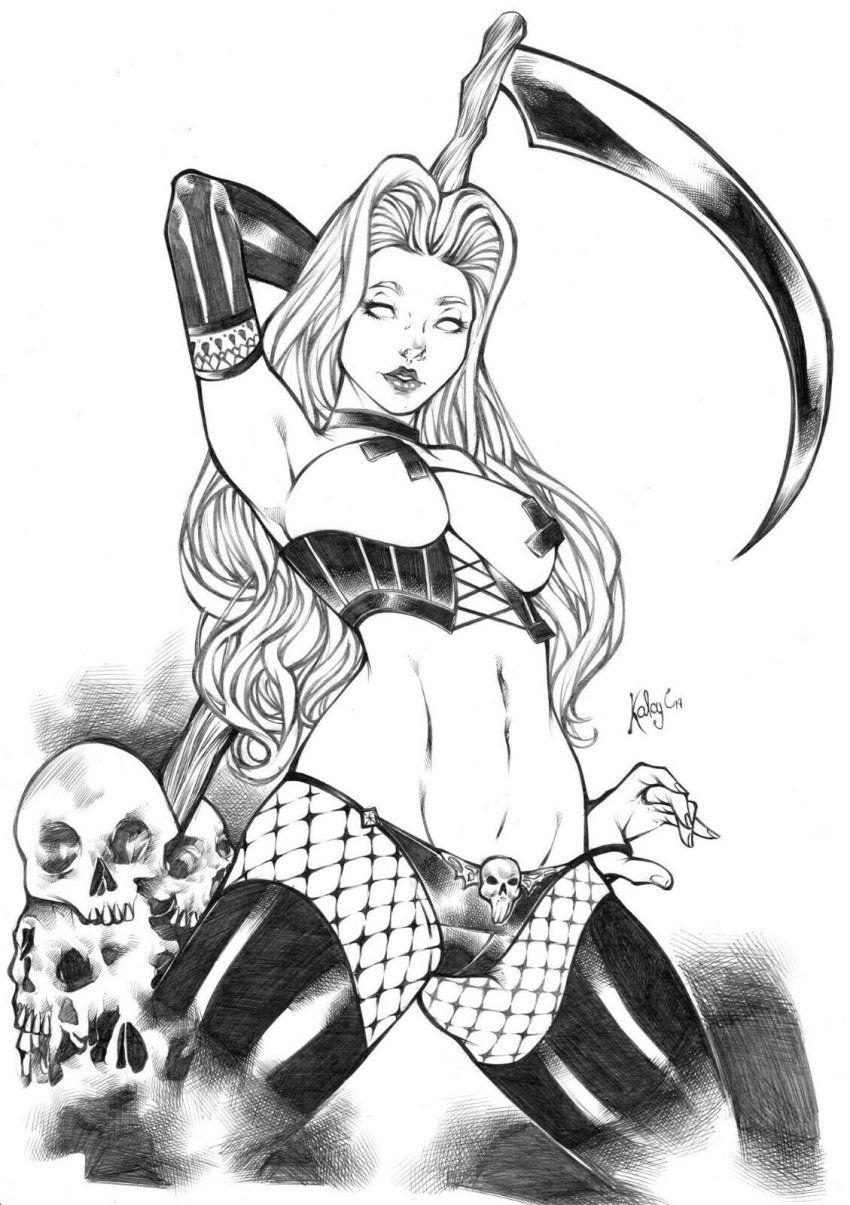 1girls big_breasts black_lipstick black_panties breasts chaos_comics coffin_comics death_(personification) dominant_female ed_benes_studio goddess grim_reaper holding_scythe kaloy_costa_(artist) lady_death latex latex_gloves latex_stockings long_hair medium_breasts monochrome no_bra queen_of_the_dead scythe seductive seductive_look solo solo_female tagme voluptuous