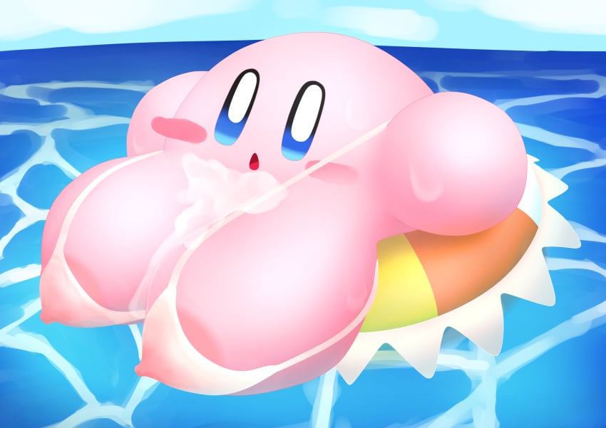 ball_with_hyper_features big_breasts blue_eyes blush bra breasts cum cum_on_breasts cute cute_face female female_only huge_breasts kalanchoe0000 kirby kirby_(series) life_jacket nintendo pink_body pink_skin solo solo_female swimming swimming_pool swimsuit waddling_head