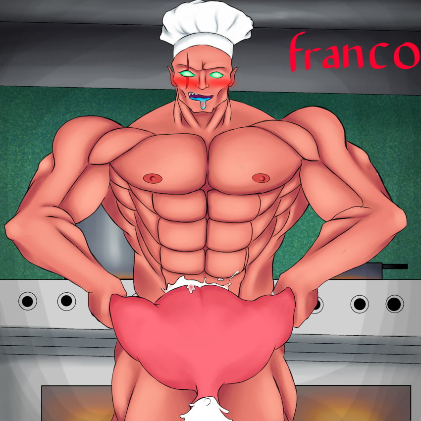 bara blush chef_hat cum franco im_horknee kitchen male male_only masturbation mobile_legends muscular