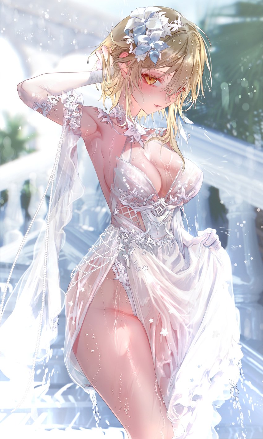 absurd_res armpit armpits big_breasts blonde_hair breasts dress flower_in_hair genshin_impact golden_eyes golden_hair large_breasts legs lumine_(genshin_impact) pottsness thick thick_legs thick_thighs twin wedding_dress wet wet_clothes white_dress yellow_eyes