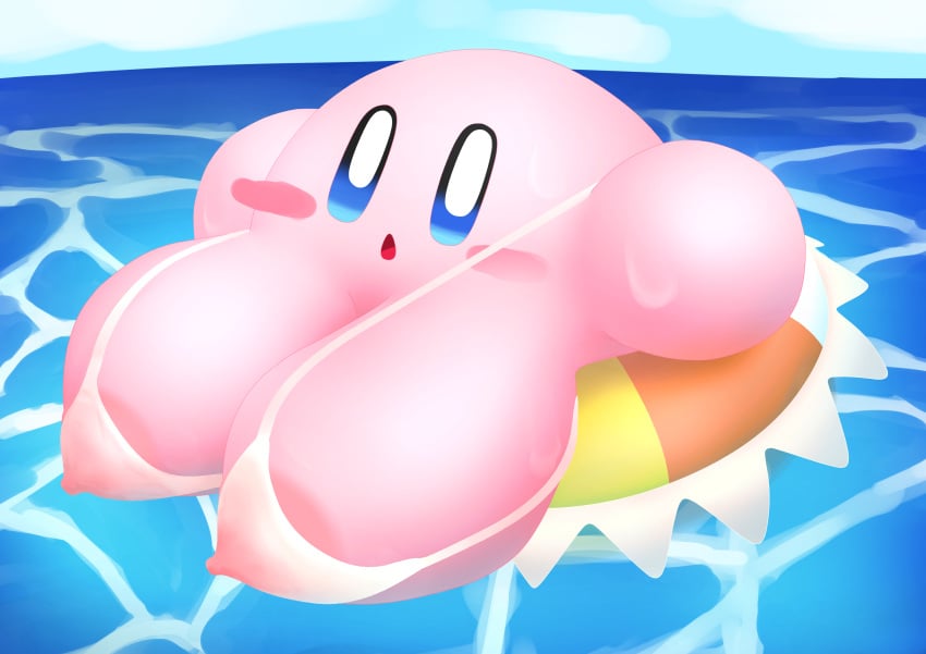 ball_with_hyper_features big_breasts blue_eyes blush bra breasts cute cute_face female female_only huge_breasts kalanchoe0000 kirby kirby_(series) life_jacket nintendo pink_body pink_skin solo solo_female swimming swimming_pool swimsuit waddling_head