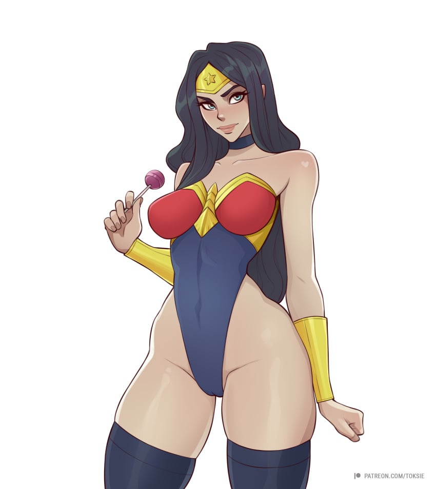 1girls amazon black_hair blue_hair blush cameltoe choker dc dc_comics diana_prince female female_only leotard light-skinned_female lollipop long_hair looking_at_viewer nail_polish painted_nails solo thick_thighs toksie wide_hips wonder_woman wonder_woman_(series)