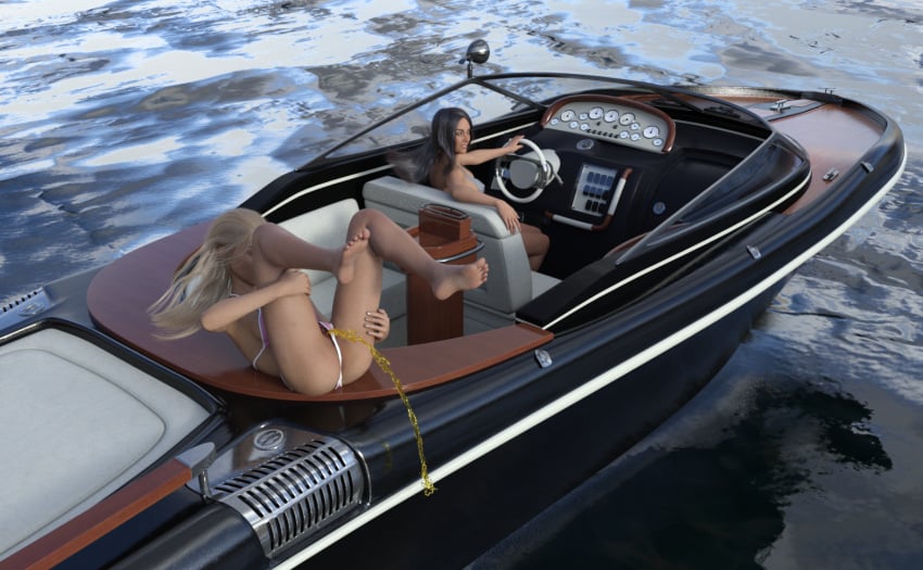 2girls 3d 3d_(artwork) 3dx bikini bikini_aside bikini_bottom bikini_pull bikini_top black_hair blonde_hair boat cg daz3d daz_studio peeing sea spring_break teenager urine water watersports wrecked3d