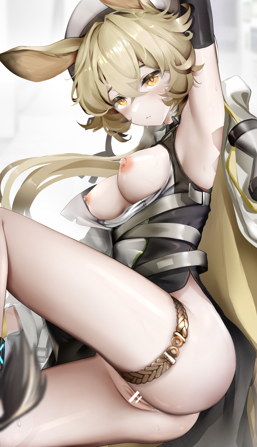 absurdres animal_ears arknights arm_up bar_censor black_gloves black_shirt blonde_hair bottomless breasts breasts_out censored dorothy_(arknights) elbow_gloves female gloves hair_between_eyes hat highres long_hair looking_at_viewer medium_breasts mouse_ears mouse_girl nipples nopetroto open_clothes open_shirt pussy pussy_juice revision shirt simple_background solo sweat thigh_strap two-tone_shirt very_long_hair white_background white_headwear white_shirt yellow_eyes