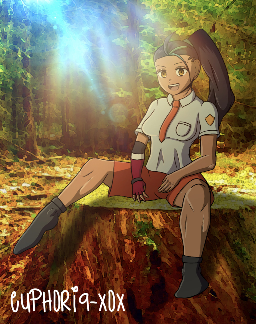 1girls black_hair blue_shirt euphoria-xox female female_only forest looking_at_viewer nemona_(pokemon) open_mouth orange_shorts pokemon pokemon_(game) pokemon_sv ponytail scout shirt shorts smile socks solo tie tree tree_branch tree_stump yellow_eyes