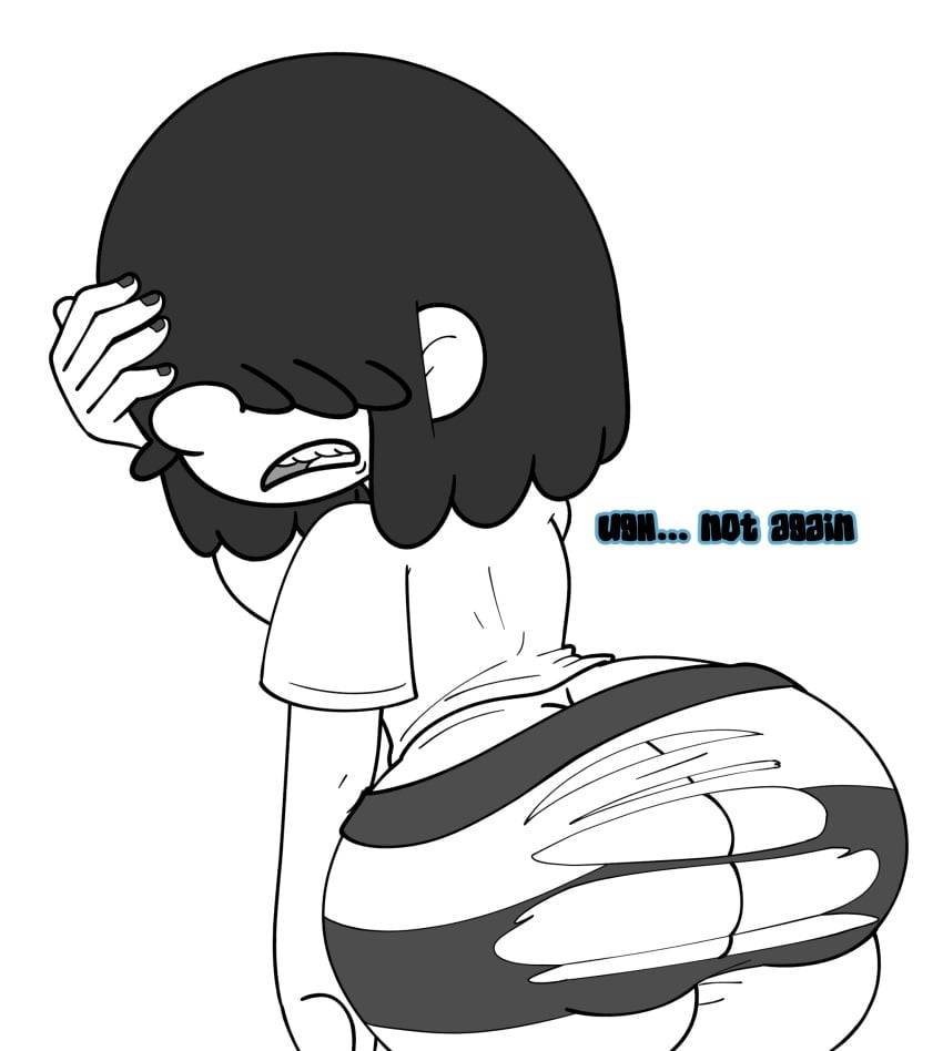 1girls 2022 aged_up ass ass_cleavage big_ass big_butt black_hair butt_crack dialogue english english_text female female_only huge_ass juicyunknown large_ass lucy_loud older ripped_clothing ripped_pants solo solo_female solo_focus text the_loud_house