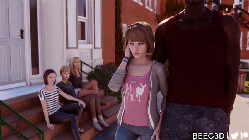 1boy 1girls 3d beeg3d brown_hair clothed clothing courtney_wagner dark-skinned_male dark_skin female interracial life_is_strange light-skinned_female male max_caulfield taylor_christensen unseen_male_face victoria_chase