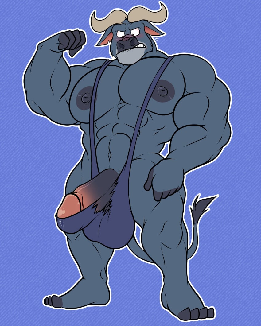 abs absurd_res albertcrow anthro balls banana_hammock big_balls big_muscles big_pecs big_penis blue_background blue_body blue_mankini blush bovid bovine cape_buffalo chief_bogo clothing disney flexing genitals hi_res horn humanoid_genitalia humanoid_penis male male_only mammal mankini muscular muscular_male navel pecs penis simple_background solo torn_clothes torn_clothing wardrobe_malfunction zootopia