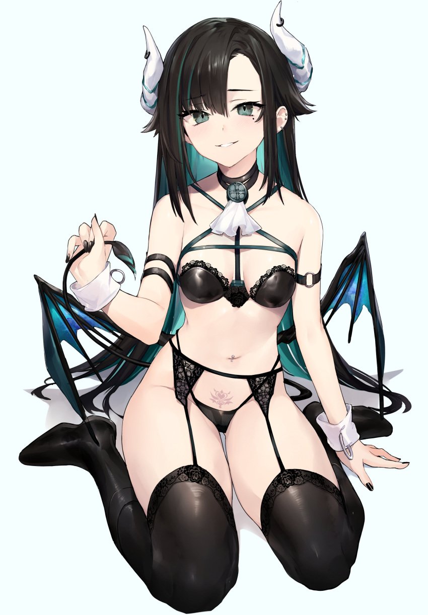 black_nails bra breasts female garter_belt garter_straps horns mole mole_under_eye nail_polish neonbeat painted_nails panties tagme tagme_(character) thighhighs white_background wrist_cuffs