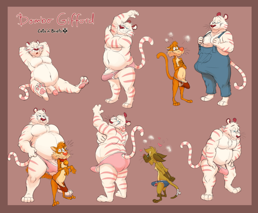 anthro bulge cedamuc1 clothed clothing domestic_cat eddie_(cedamuc1) erection erection_under_clothing felid feline felis genitals hi_res humanoid_genitalia humanoid_penis male male/male mammal oiruse overalls pantherine penis tidbits_(oiruse) tiger underwear