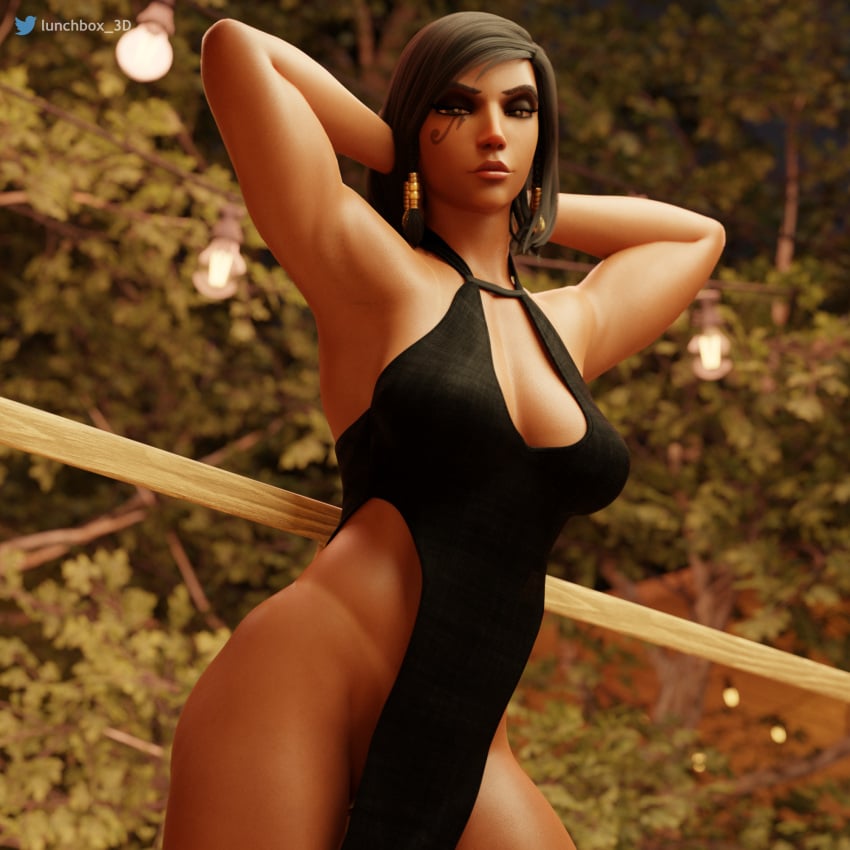 3d armpits blender breasts clothed dress hands_behind_head highres looking_at_viewer lunchbox_3d muscles no_panties overwatch pharah pinup_pose pussy_slip revealing_clothes tagme thighs toned_female