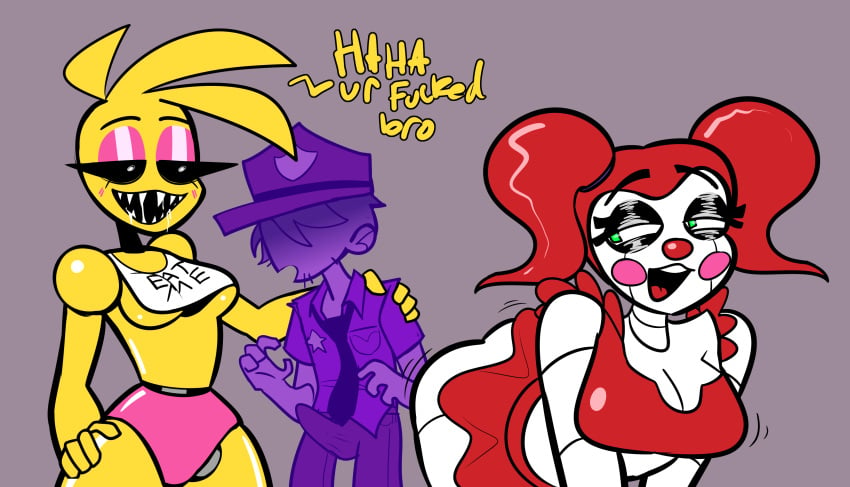 2021 absurd_res animatronics anthro ass_jiggle ass_shake baby_(fnafsl) big_breasts breasts breasts_jiggling bulge bulge_through_clothing circus_baby circus_baby_(fnaf) clown clown_girl clown_makeup clown_nose drooling five_nights_at_freddy's five_nights_at_freddy's:_sister_location five_nights_at_freddy's_2 green_eyes hand_on_shoulder hand_on_thigh hattsworth hi_res large_breasts male medium_breasts michael_afton open_mouth penis_bulge pink_cheeks pink_eyeshadow pink_panties purple_body purple_hair red_dress red_hair robot robot_girl scottgames sharp_teeth text toy_chica_(fnaf) twintails white_skin yellow_hair yellow_skin