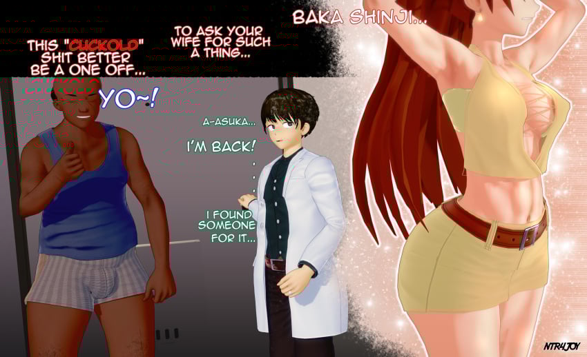 1girls 2boys 3d abs alternate_breast_size angry armpits arms_behind_head asuka_langley_sohryu bald belt big_breasts blue_eyes breasts busty cheating clenched_teeth clothing cuckold dark-skinned_male dark_skin fat_man female high_resolution husband_and_wife interracial large_breasts large_filesize male married_woman midriff muscles muscular muscular_female navel neon_genesis_evangelion netorare netorase ntr ntr4joy red_hair shinji_ikari shorts skirt swingers teeth tied_hair twintails ugly_man very_high_resolution