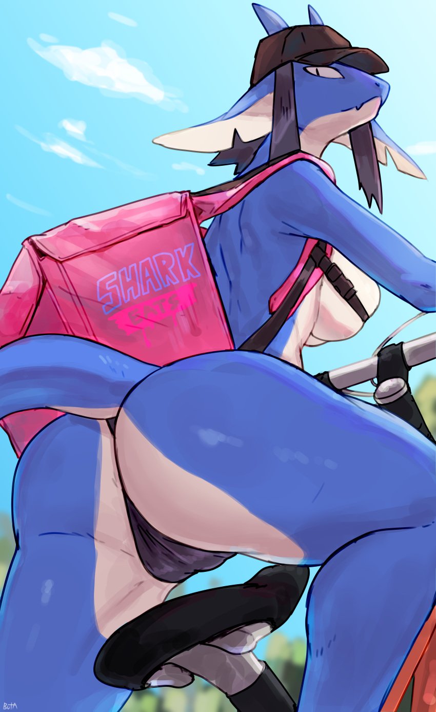 absurd_res anthro ass backpack bicycle biped black_hair blue_body blurred_background breasts buta99 cleavage clothed clothing colored countershade_torso countershading day digital_media_(artwork) english_text female fish hair hat headgear headwear hi_res kemono looking_at_viewer looking_back looking_back_at_viewer low-angle_view marine mostly_nude outside panties partially_clothed pupils rear_view riding sanger_(buta99) shark shark_eats skimpy slit_pupils solo text under_boob underwear white_body