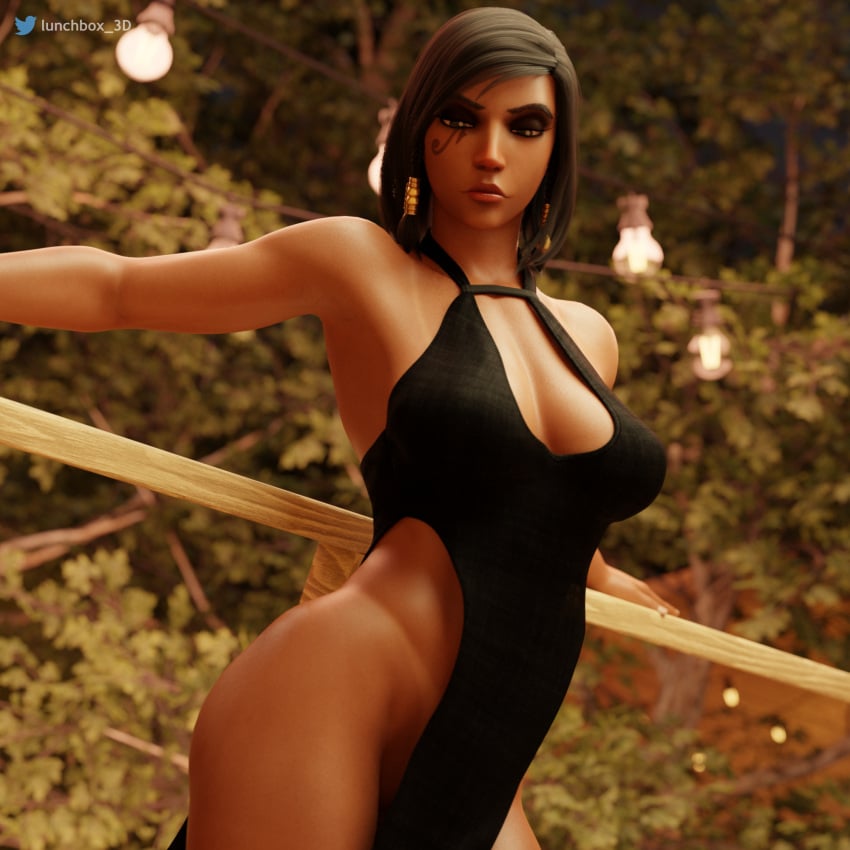 3d black_dress blender breasts clothed dress exhibitionism highres looking_at_viewer lunchbox_3d muscles no_panties overwatch pharah pussy_slip revealing_clothes tagme thighs toned_female