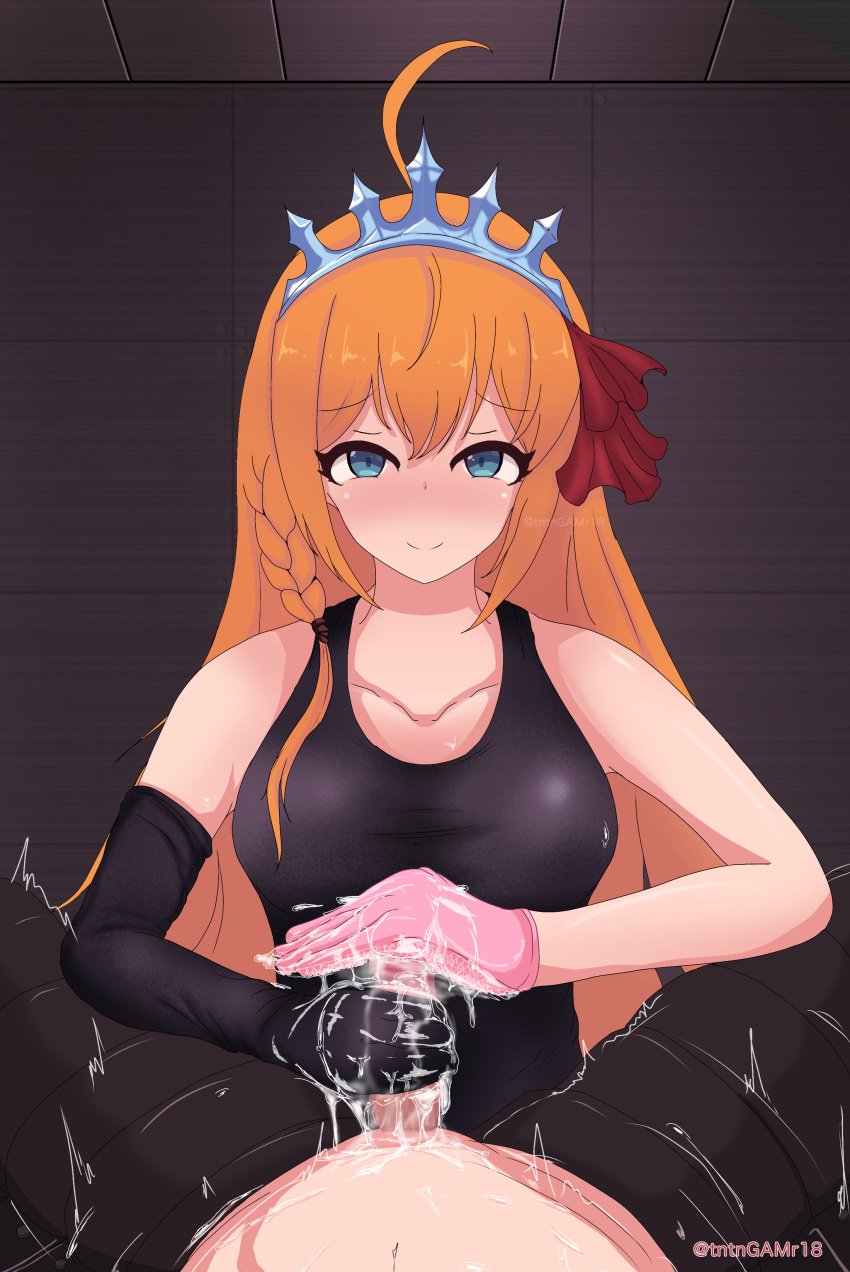 1boy 1girls black_long_glove crown eyebrows_visible_through_hair femdom glansjob gloved_handjob handjob latex_gloves light-skinned_female light-skinned_male light_skin long_glove looking_at_viewer one-piece_swimsuit orange_fur pecorine pink_glove princess_connect! princess_connect!_re:dive swimsuit swimwear tntngamr18