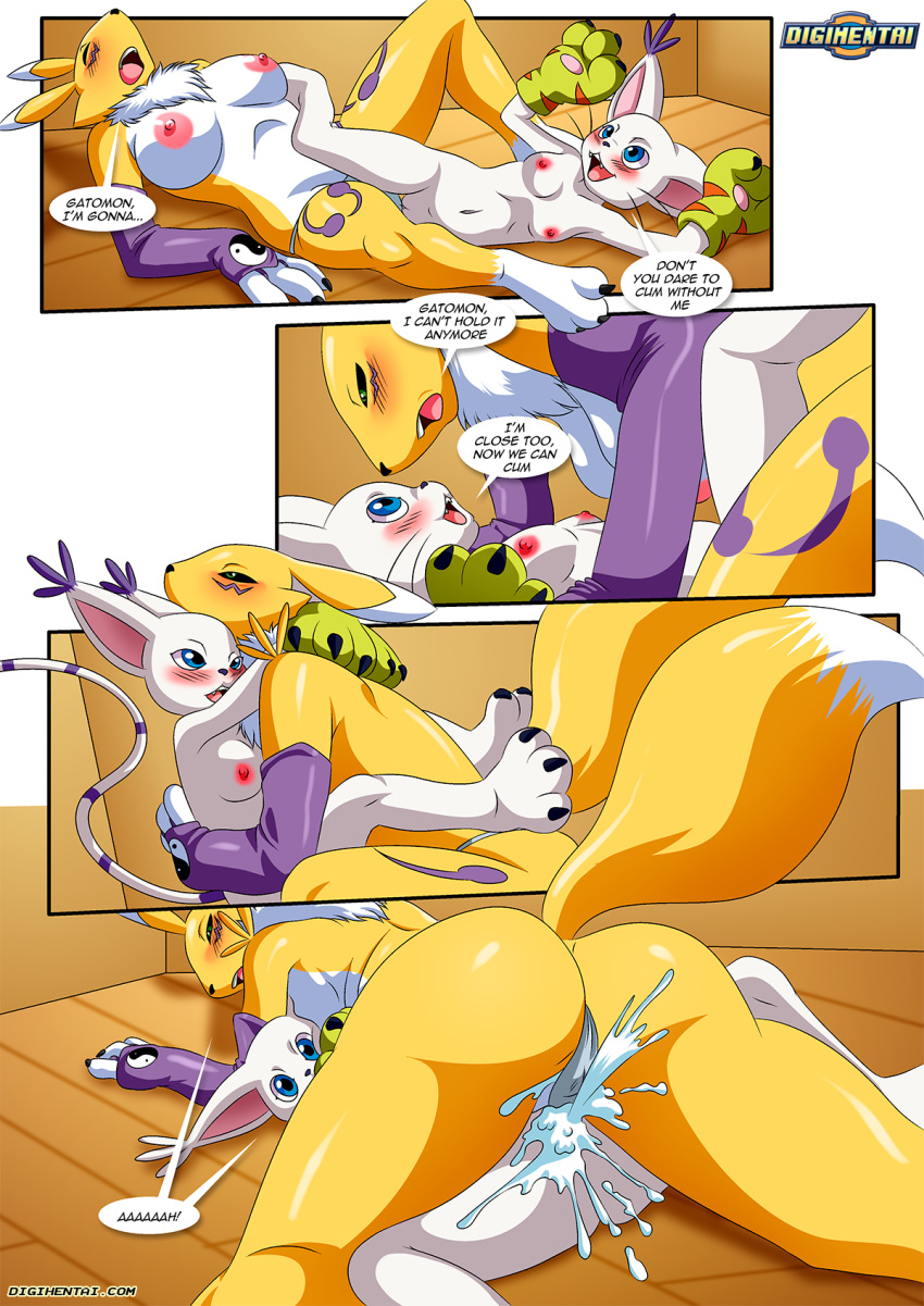 2girls anthro anthro_only bandai_namco big_breasts comic cum dialogue digihentai digimon digimon_(species) digimon_adventure digimon_tamers dirty_gamers excessive_cum gatomon lesbian multiple_girls palcomix renamon scissoring size_difference squirting squirting_through_clothes squirting_while_tribbing tribadism yuri