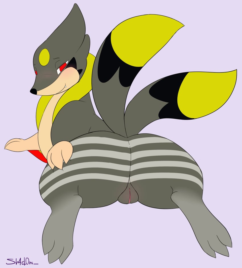 ass buizel female genitals grey_body hi_res looking_at_viewer multicolored_body nintendo no_humans open_mouth pokémon_(species) pokemon pussy rear_view sh4d0w_(artist) solo video_games