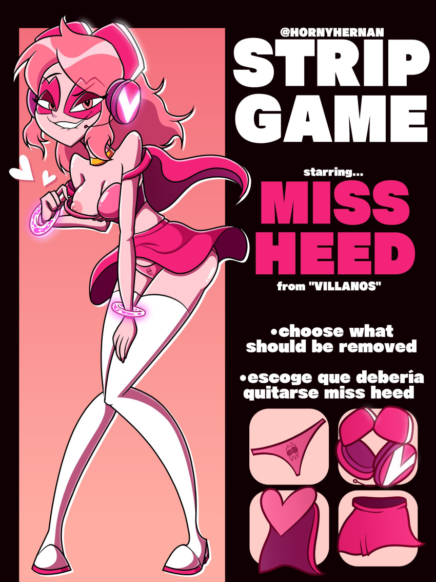 athletic athletic_female busty female female_focus female_only hornyhernan hourglass_figure lip_biting miss_heed_(villainous) nipple one_breast_out pink_eyes pink_hair pink_skin small_breasts strip_game tagme villainous wide_hips