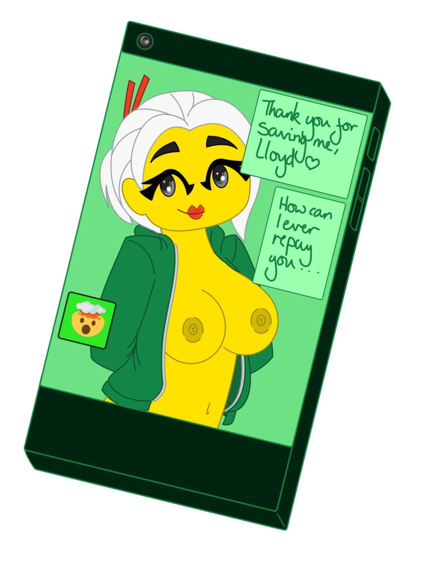 breasts breasts_out chopsticks chopsticks_in_hair duchess_pixal emoji harumi_(ninjago) lego message_box ninjago phone phone_screen princess_harumi_(ninjago) sons_of_garmadon_(ninjago) tagme text text_box text_message texting yellow_skin