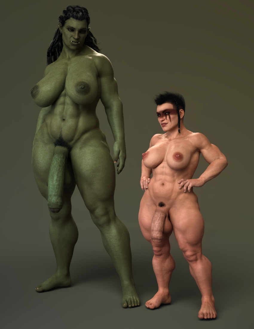 2futas 3d black_hair dwarf dwarf_futa flaccid futa_only futanari green_skin light-skinned_futanari light_skin muscular_futanari orc orc_futanari pubic_hair squarepeg3d uncircumcised uncircumcised_futa uncircumcised_penis uncut uncut_futa uncut_penis