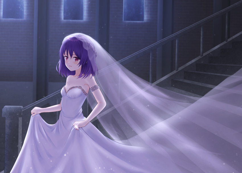 1girls blush blush braid braided_hair breasts bridal_veil bride castle dress dress_lift dress_pull fault_milestone female gown lace lace_trim long_dress looking_at_viewer night pink_eyes purple_hair ring ritona_reighnvhasta small_breasts smile smiling smiling_at_viewer solo stairs veil wedding_band wedding_dress wedding_ring wedding_veil white_dress