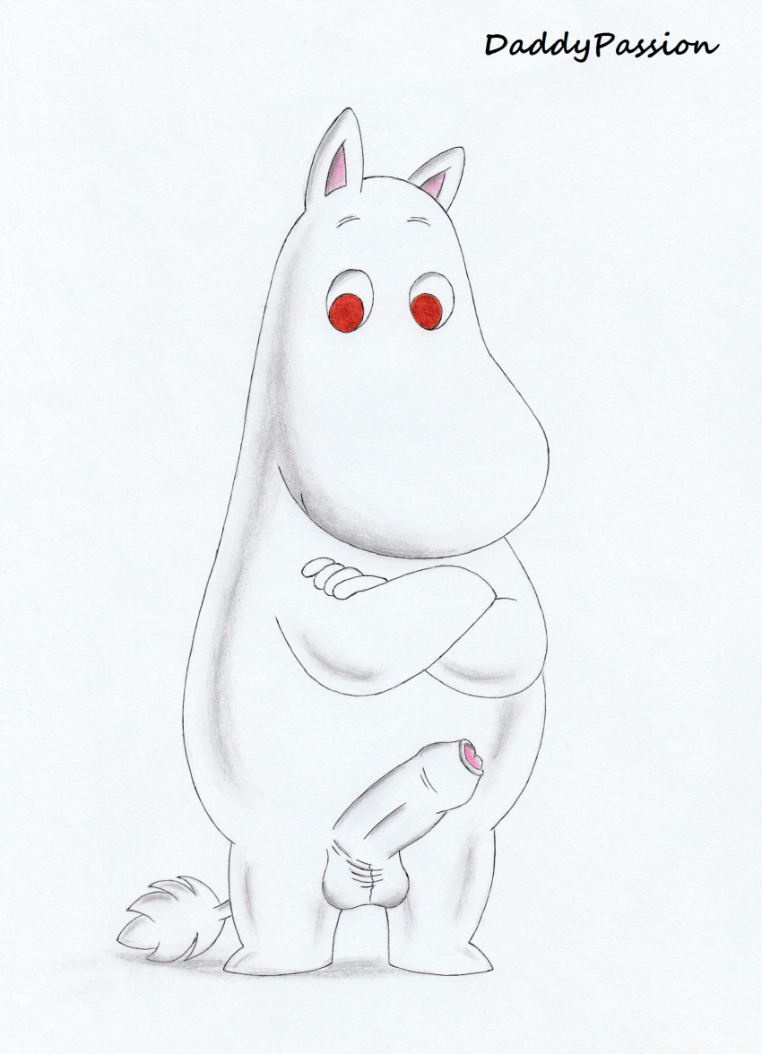 balls crossed_arms daddypassion ears_up erection foreskin genitals hi_res humanoid_genitalia humanoid_penis looking_at_viewer male male_only mature_male moominpappa non-human nude penis simple_background smile solo the_moomins