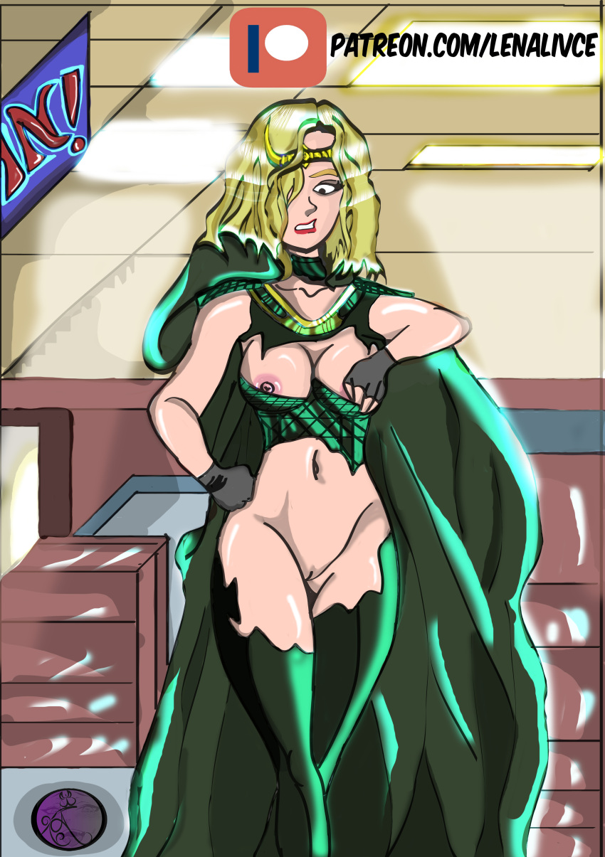 2d asgardian background blonde_hair breast_grab breasts breasts_out cape clothing disney+ female female_only fingerless_gloves front_view full_body genitals gloves green_clothing groping groping_self hair hood humanoid lenalivce light-skinned_female light_skin lipstick loki_(series) long_hair looking_at_self looking_down marvel marvel_cinematic_universe nervous nipples partially_clothed patreon pussy red_lipstick sad shaved_pussy shiny_skin signature single_female solo standing sylvie_laufeydottir teeth teeth_clenched torn_clothes url vanishing_clothes wardrobe_malfunction