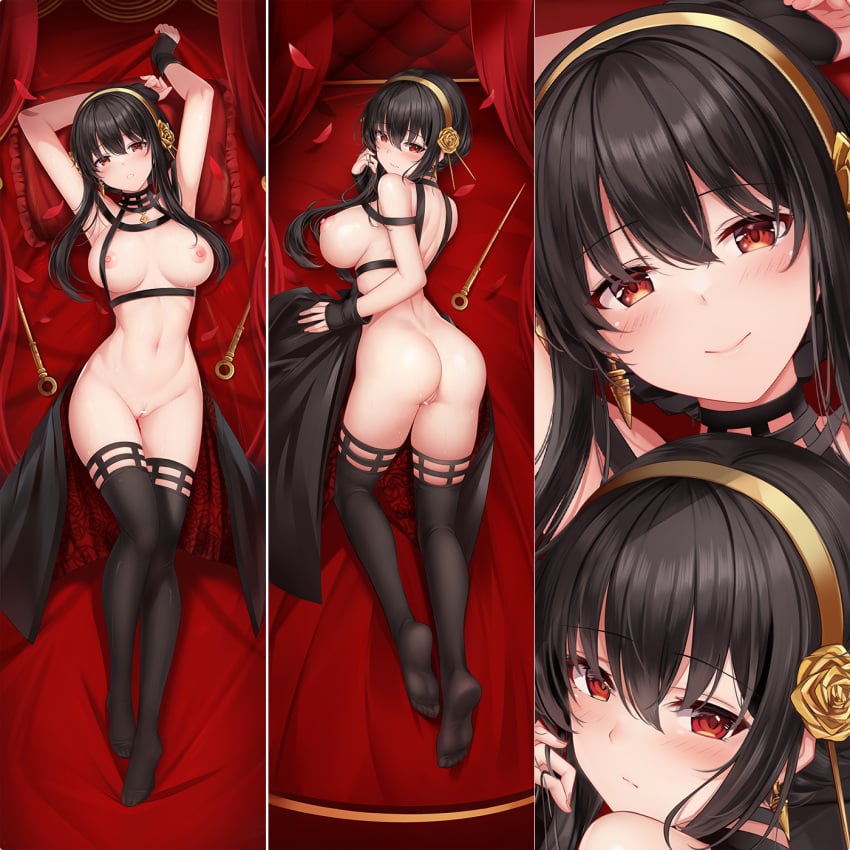 ass assassin bangs bar_censor black_gloves black_hair black_legwear blush breasts censored closed_mouth dakimakura_(medium) earrings female fingerless_gloves flower full_body gloves hair_between_eyes hair_flower hair_ornament hairband highres jewelry large_breasts long_hair looking_at_viewer lying multiple_views nipples no_shoes nude on_back on_bed on_stomach parted_lips pussy red_eyes rose solo spy_x_family stiletto_(weapon) thighhighs thorn_princess weapon yellow_flower yellow_hairband yellow_rose yor_briar yor_forger yutian_alice