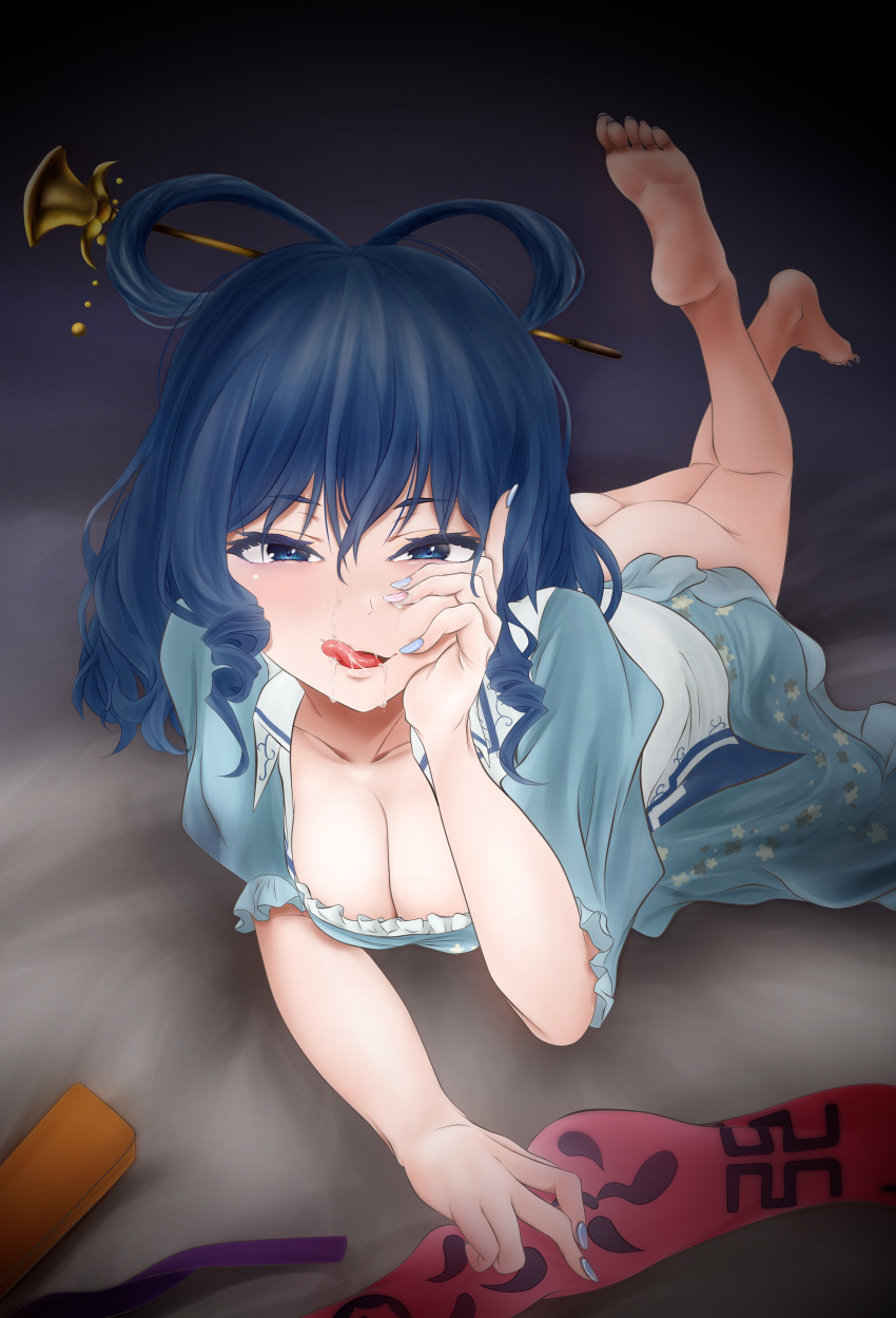 absurdres ass bad_perspective bangs barefoot bedroom_eyes blue_dress blue_eyes blue_hair blush breasts cleavage collarbone cum dark_blue_hair dress drill_hair facial feet feet_up female hair_between_eyes hair_ornament hair_rings hair_stick hand_on_own_cheek highres large_breasts legs_up licking_lips looking_at_viewer lying mizuki_mukawa nail_polish naughty_face ofuda on_stomach puffy_short_sleeves puffy_sleeves ribbon_hair seiga_kaku short_hair short_sleeves soles solo the_pose toenails touhou vest white_vest