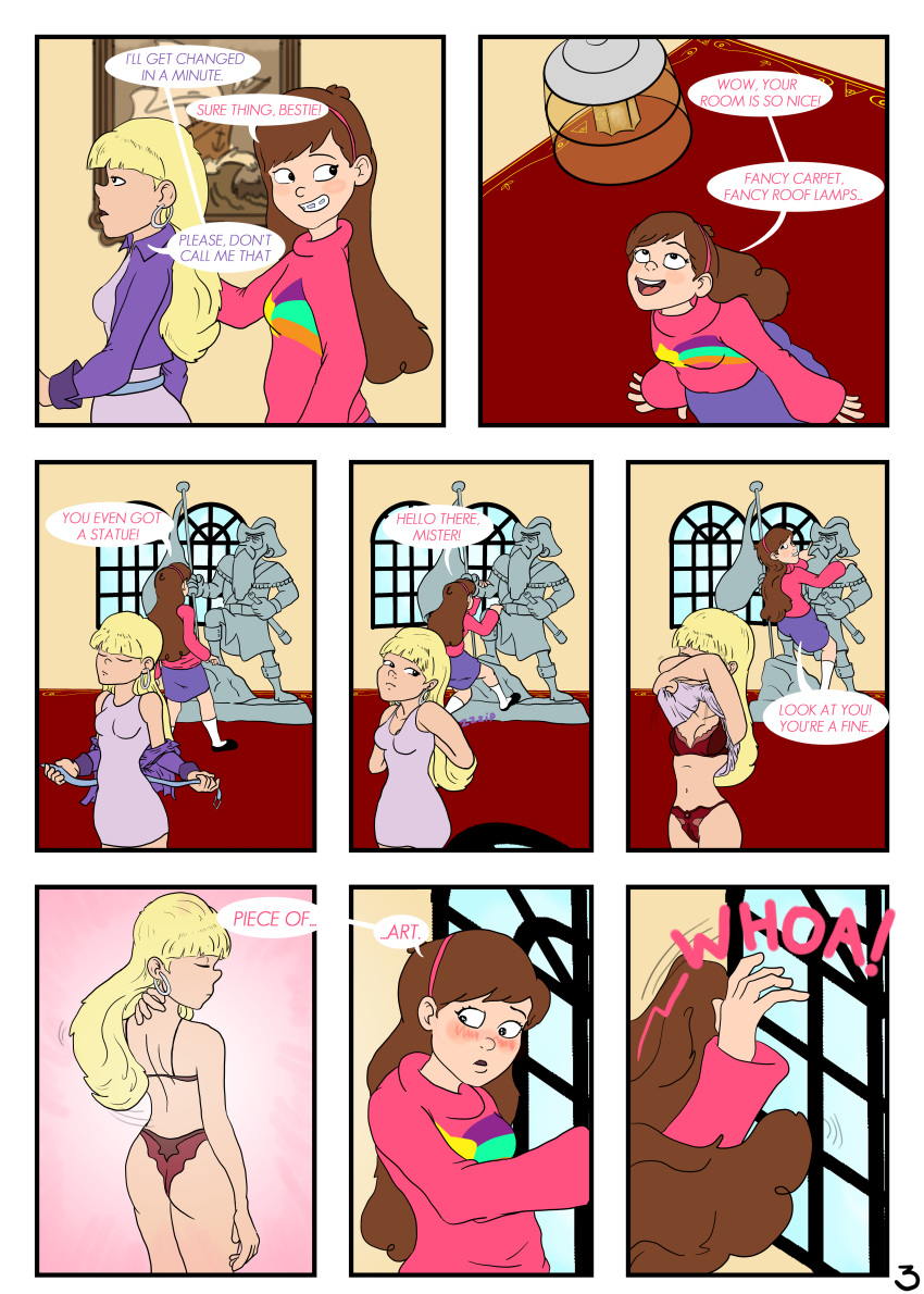 2girls aged_up blonde_hair blush brown_hair comic english_text gravity_falls mabel_pines pacifica_northwest page_3 page_number sealedhelm speech_bubble straight_hair thong undressing