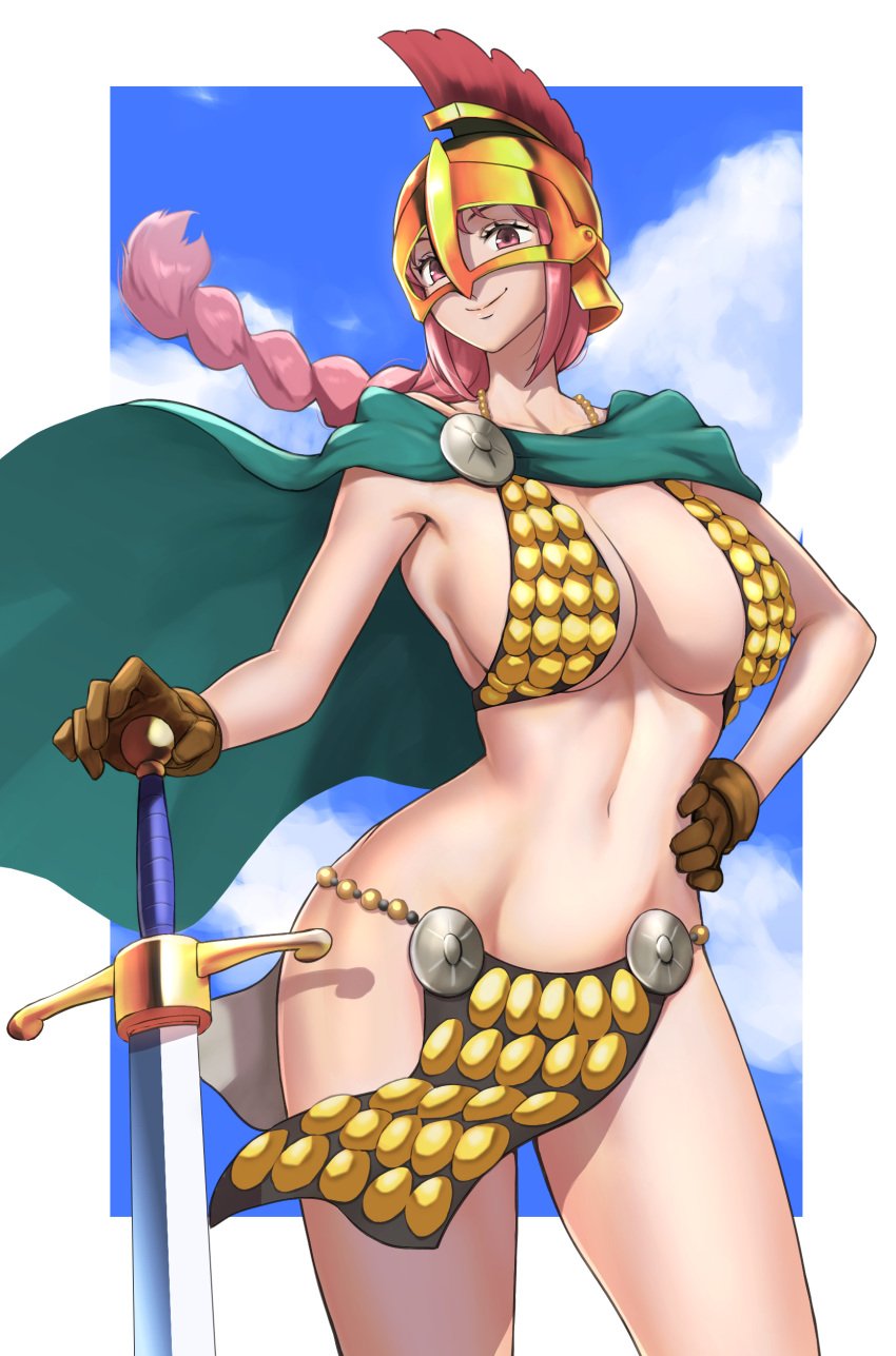 1girls anagumasan belly_button big_breasts bikini_armor braid cape curvy female female_only gladiator helmet one_piece pink_hair rebecca_(one_piece) skimpy skimpy_armor smile solo sword teen teenage_girl teenager thick_thighs voluptuous_teen